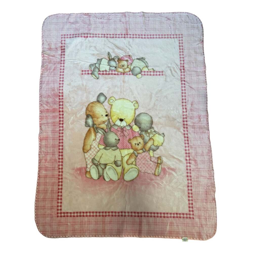 Vintage Big Oshi Baby Blanket Pink Bear Bunny Plush Crib 40x53.5 Spain